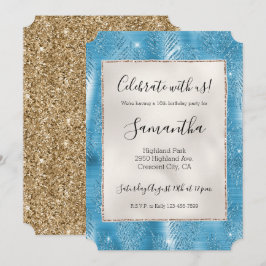 Invitación Brillo Glam Azul Acuático Hojas Tropicales