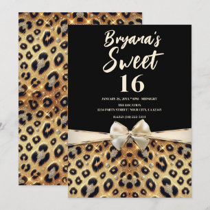 Invitación Brillo Glam Oro Impresión Leopardo Negro Dulces 16