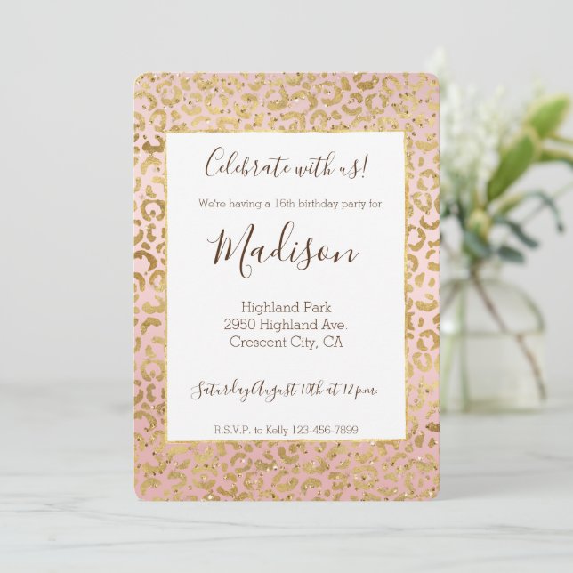 Invitación Brillo Glam Rosa Dorado Estampado de Leopardo (Anverso de pie)