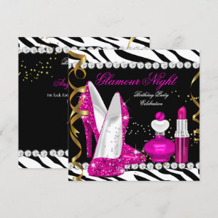 Invitación Brillo Glamour Noche Cebra Rosa Profundo Dorado Ne