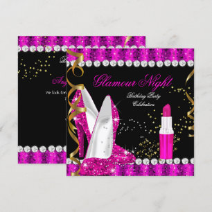 Invitación Brillo Glamour Rosa Caliente Dorado Negro Cumpleañ