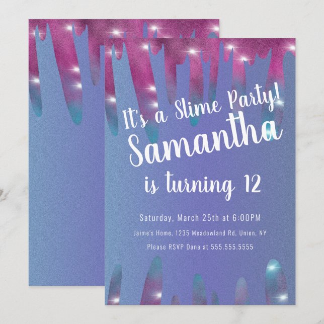 Invitación Brillo Gotea Cumpleaños Fiesta Destello Azul Slime (Anverso / Reverso)