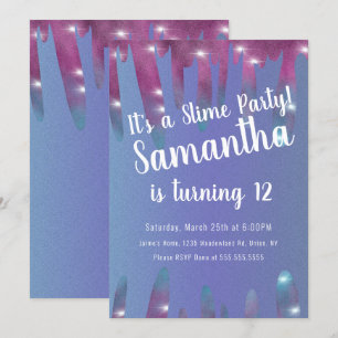 Invitación Brillo Gotea Cumpleaños Fiesta Destello Azul Slime