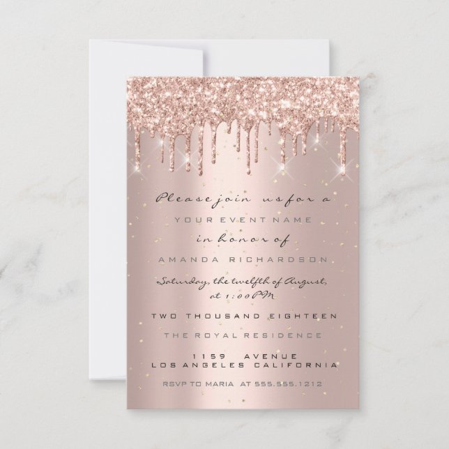 Invitación Brillo Gotea Rosa Confeti Boda Dulces 16 (Anverso)