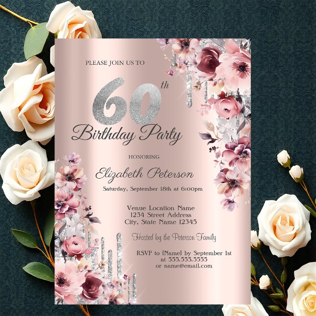 Invitación Brillo Gotea Rosa Dorado Floral Cumpleaños 60 (Subido por el creador)