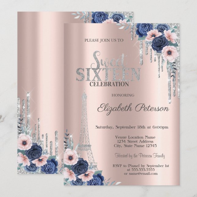Invitación  Brillo Goteo, Torre Eiffel Rosas Azules Sweet 16  (Anverso / Reverso)