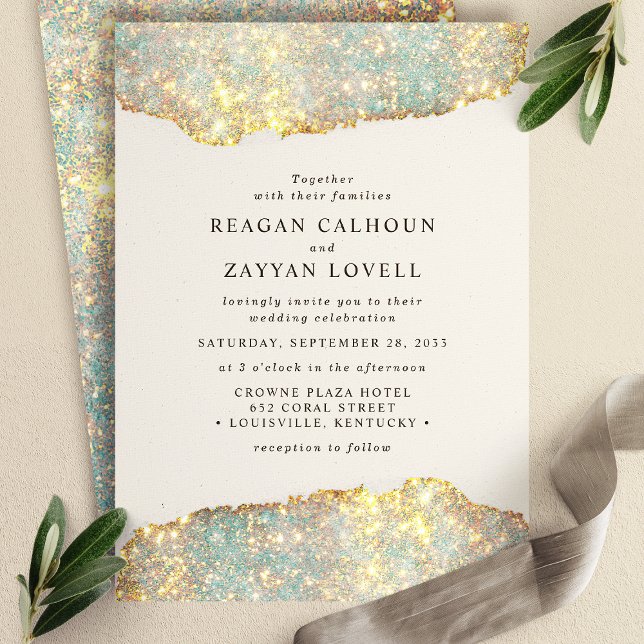 Invitación Brillo holográfico glam moderno purpurina boda (Subido por el creador)
