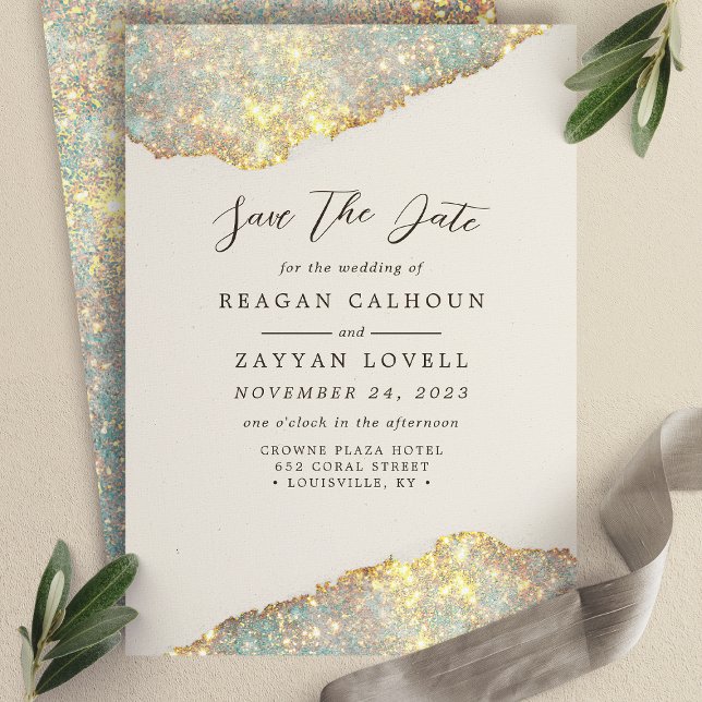 Invitación Brillo holográfico moderno Glitter Save The Date (Subido por el creador)