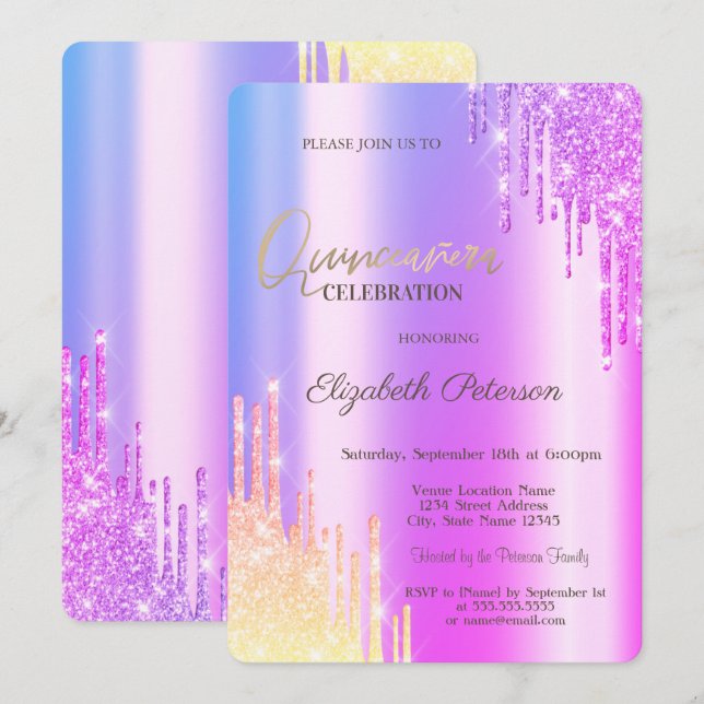 Invitación Brillo Moderno con Degradado de Violeta con Goteo (Anverso / Reverso)