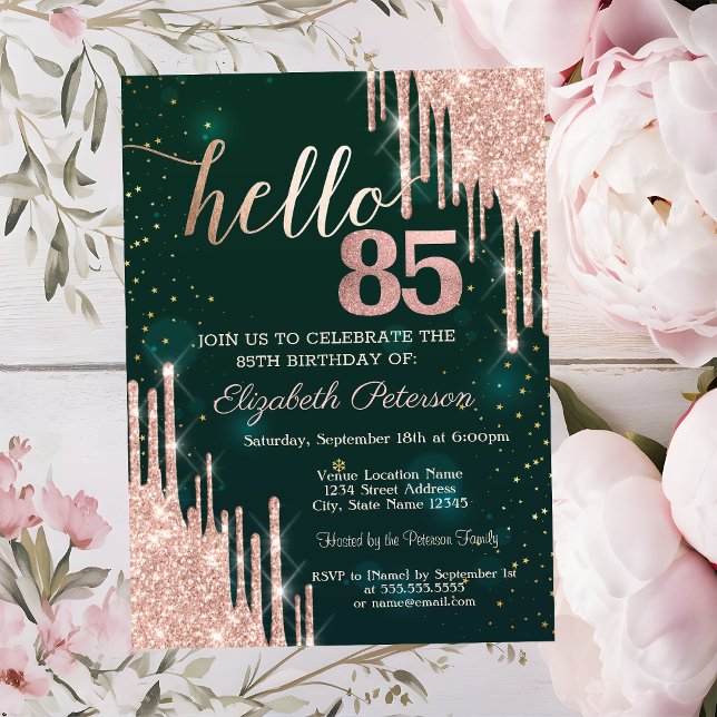 Invitación Brillo Moderno de Oro Rosa que Cae en Gotas Verde  (Subido por el creador)