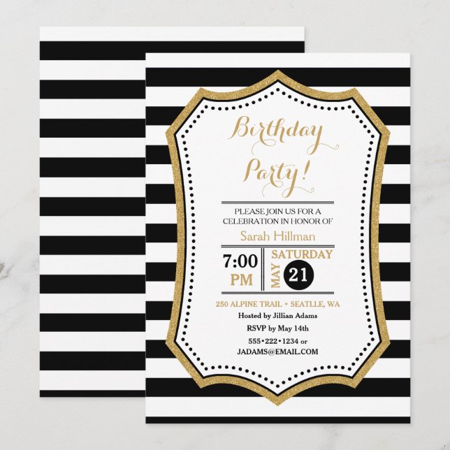Invitación Brillo Moderno Negro Blanco Dorado (Anverso / Reverso)
