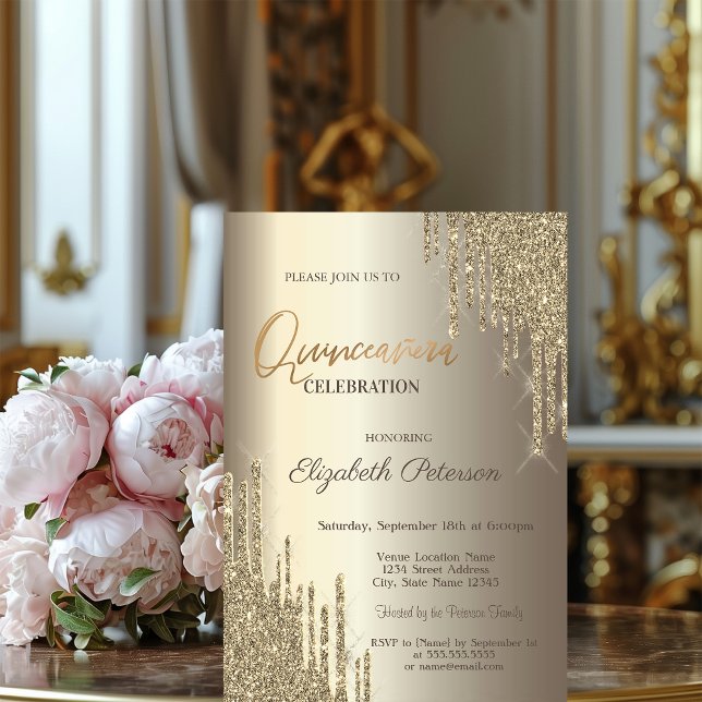 Invitación Brillo Moderno que Cae Champagne Dorado Quinceañer (Subido por el creador)