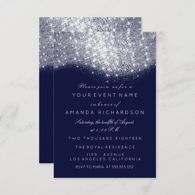 Invitación Brillo Plata Gris Blanco Azul Marino Blanco Elegan (Anverso / Reverso)