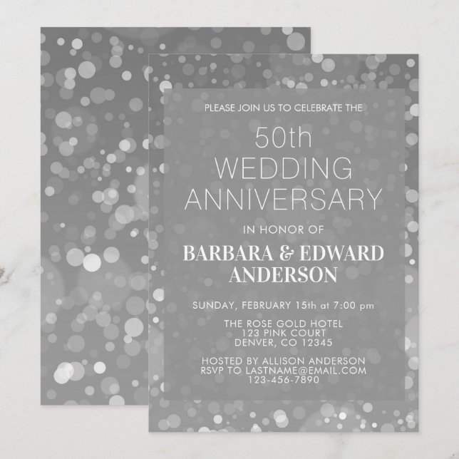 Invitación Brillo Plateado Destello 50 Aniversario de Boda (Anverso / Reverso)