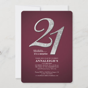 Invitación Brillo Plateado Glam Burgundy Cumpleaños 21