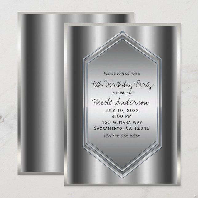 Invitación Brillo Plateado Glamour Chic Fiesta de Cumpleaños  (Anverso / Reverso)