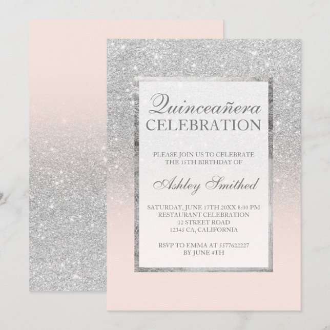 Invitación Brillo plateado rosa elegante chic Quinceañera (Anverso / Reverso)