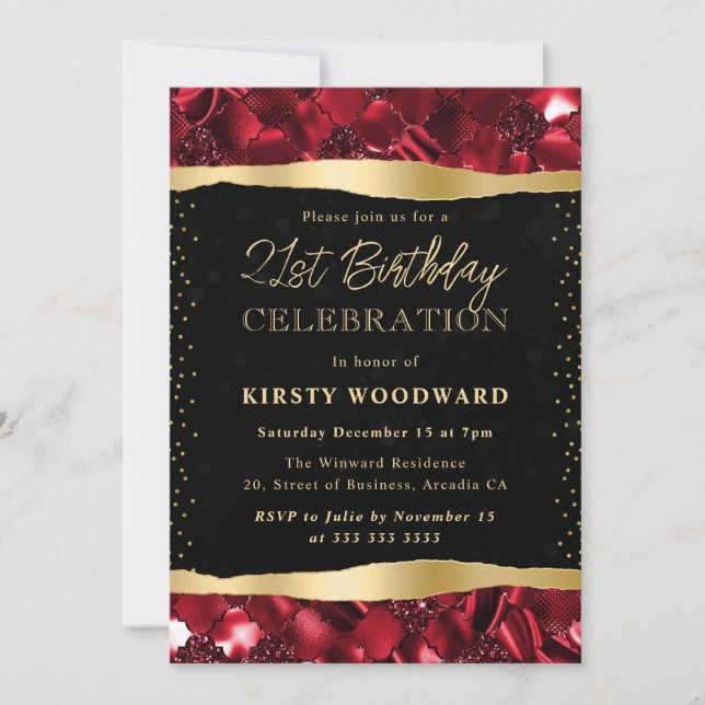 Invitación Brillo Rojo y Dorado Reluciente Cumpleaños 21 (Anverso)