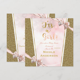 Invitación Brillo Rosa Dorado Glam Es una niña Arco Baby Show