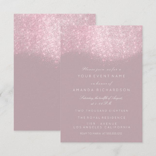 Invitación Brillo Rosa Malva Gris Blanco Pastel Forma Elegant (Anverso / Reverso)