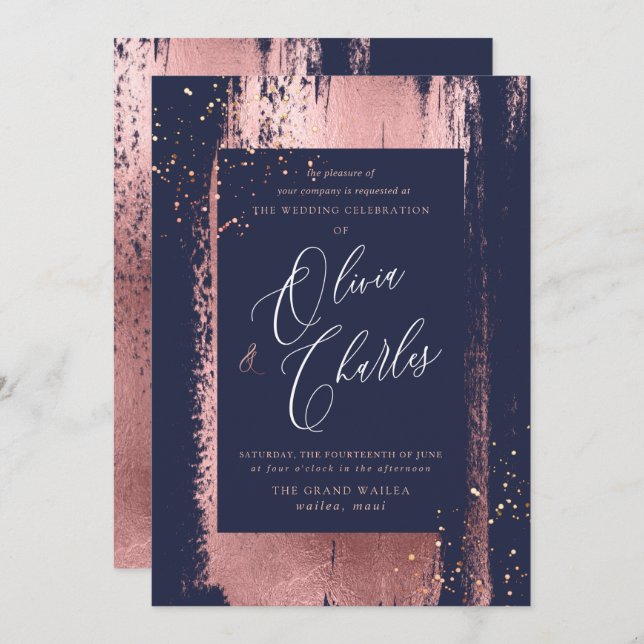 Invitación Brillo, Rosa metálico falso cepillo de oro (Anverso / Reverso)