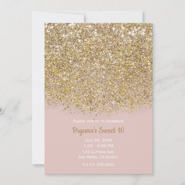 Invitación Brillo Rosa y Dorado Moderno Glam Chic Fiesta (Anverso)