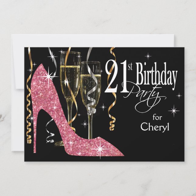 Invitación Brillo Stiletto Champagne Cumpleaños 21 Rosa (Anverso)