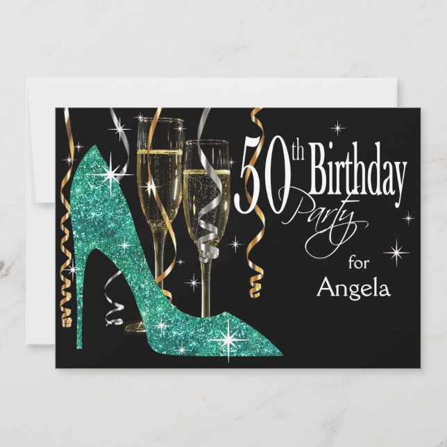 Invitación Brillo Stiletto Champagne Cumpleaños 50 Teal (Anverso)