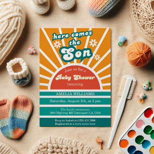 Invitación Brillo Teal Amanecer Aquí viene el hijo ducha