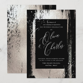 Invitación Brillo, Trazo de Pincel Plateado Metálico Falso