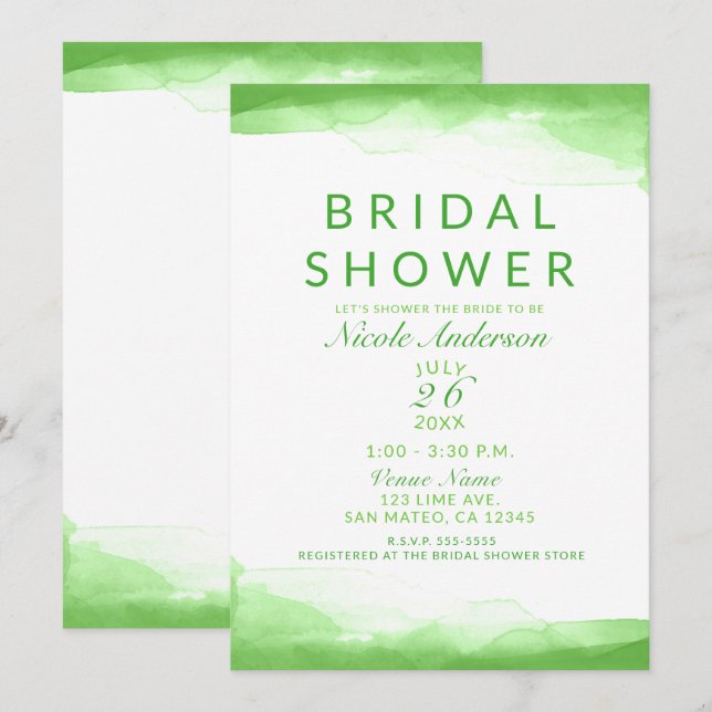 Invitación Brillo Verde Lima Acuarela Chic Despedida de Solte (Anverso / Reverso)