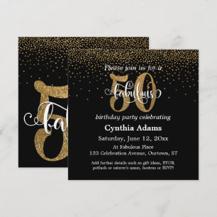 Invitación Brillo y Escritura 50 y Fabuloso en Negro, Cumplea