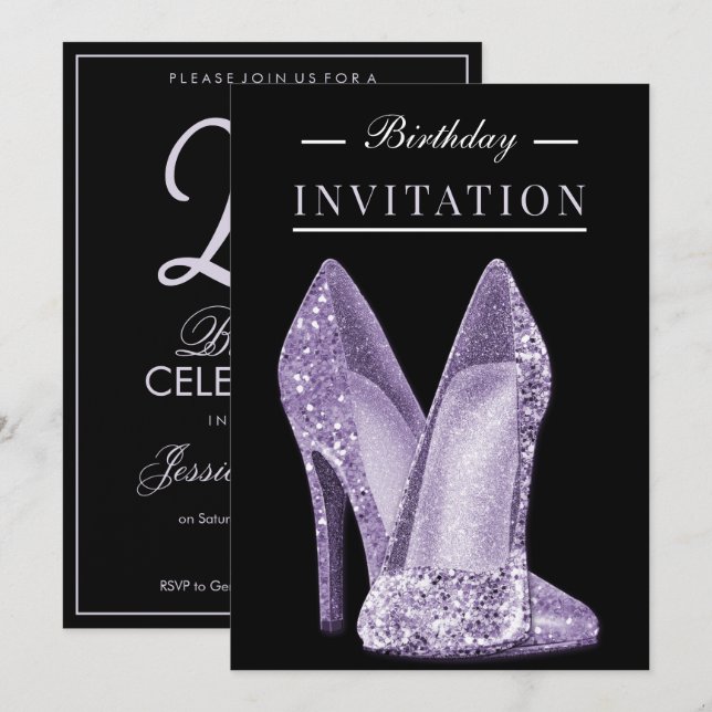 Invitación Brillo y Glamour Lila Cumpleaños 25 (Anverso / Reverso)