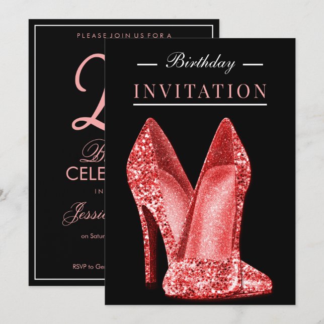 Invitación Brillo y Glamour Rojo Cumpleaños 25 (Anverso / Reverso)