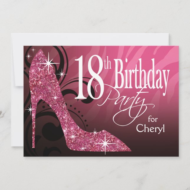Invitación Brillo Zebra Stiletto 18 Cumpleaños rosa (Anverso)