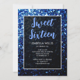 Invitación Brillos azules oscuros Sweet 16 guión elegante