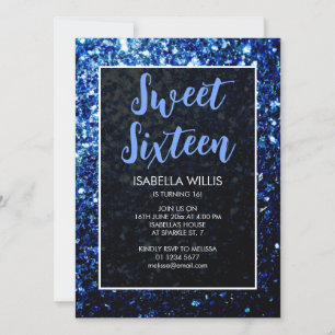 Invitación Brillos azules oscuros Sweet 16 guión elegante