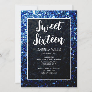 Invitación Brillos azules oscuros Sweet 16 guión elegante