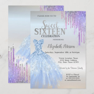 Invitación Brillos Chic Goteos, Vestido Azul Dulce 16 Platead