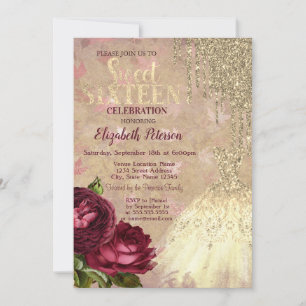 Invitación Brillos de oro Cool, Rosas de Vestido Dulce 16  