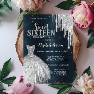 Invitación Brillos de plata geniales, gotas, Vestido azul osc