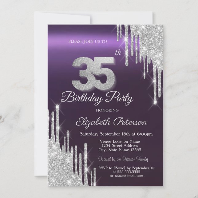 Invitación Brillos de plata gotean Cumpleaños 35 oscuro púrpu (Anverso)