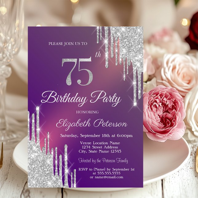 Invitación  Brillos de plata gotean Cumpleaños 75 Foto Morado (Subido por el creador)