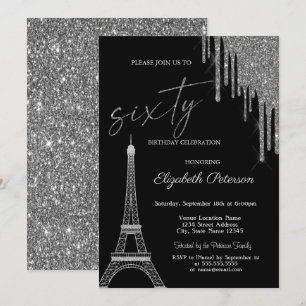 Invitación Brillos de plata que gotean, Torre Eiffel 60 cumpl