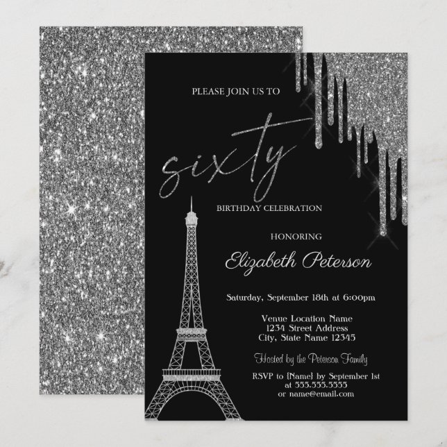 Invitación Brillos de plata que gotean, Torre Eiffel 60 cumpl (Anverso / Reverso)