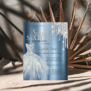 Invitación Brillos de plata que gotean, vestido azul metálico