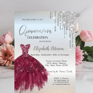 Invitación Brillos de plata que gotean, vestido burgundy Quin
