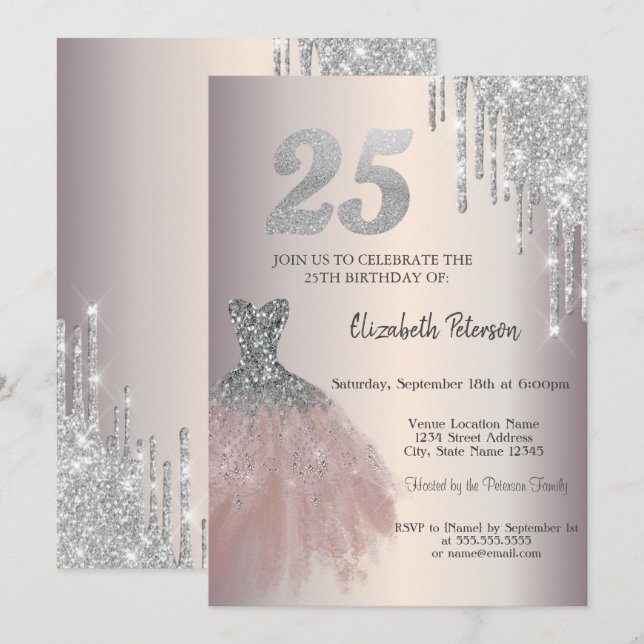 Invitación Brillos de plata que gotean, vestido chic cumpleañ (Anverso / Reverso)