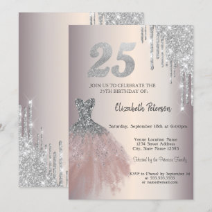 Invitación Brillos de plata que gotean, vestido chic cumpleañ