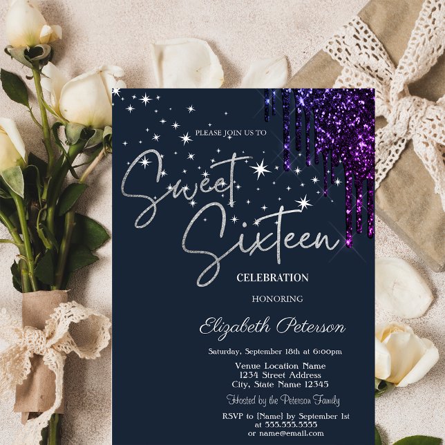 Invitación Brillos de Violeta Oscuro que Caen, Estrellas Dulc (Subido por el creador)
